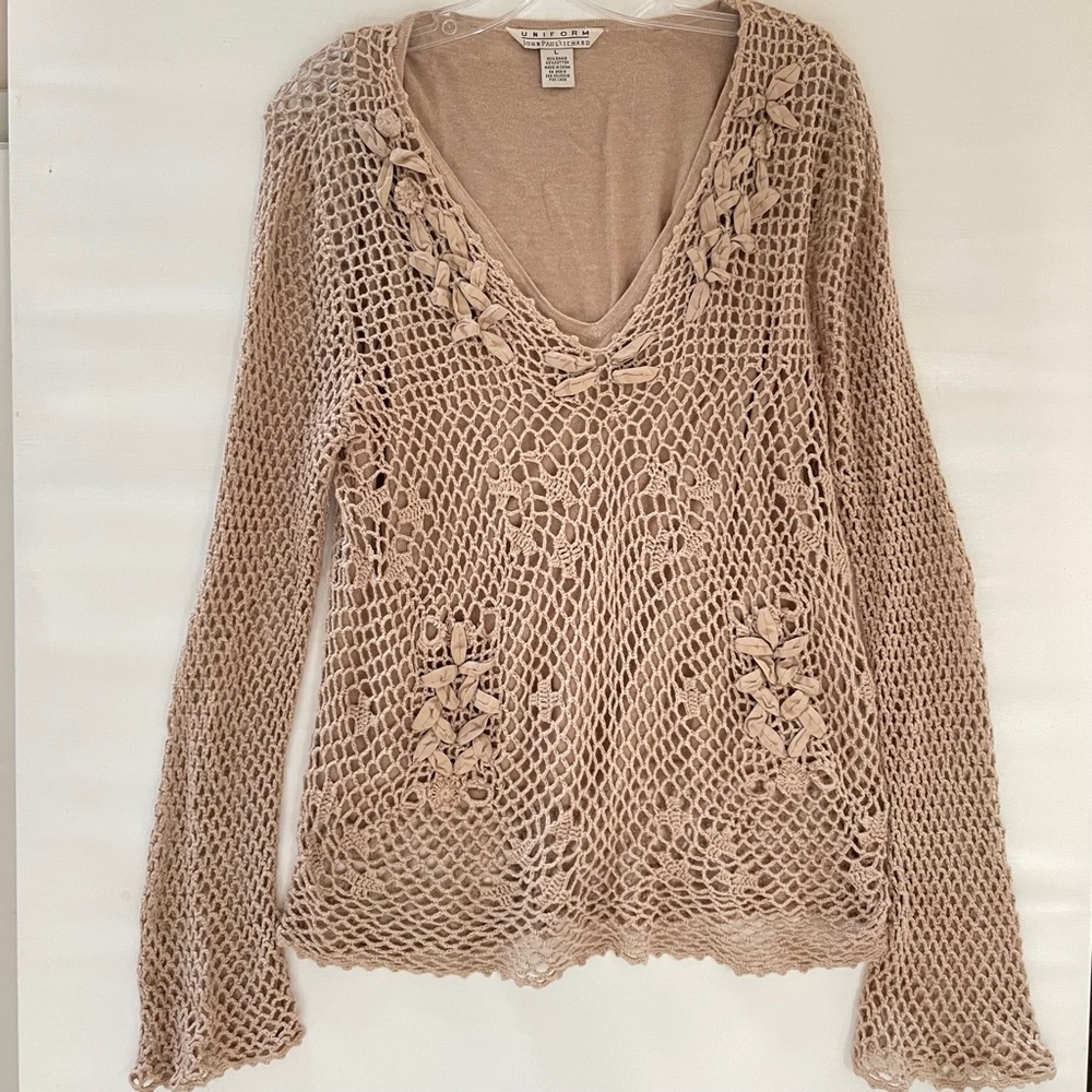John Paul Womens Boho Crochet Open Knit Top Sweater Large Fairy Festival Beach